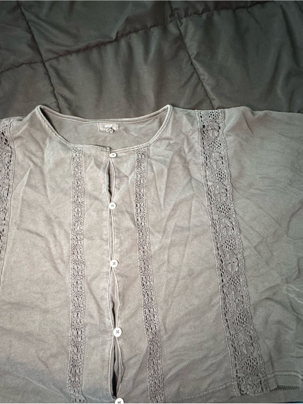 aerie Gray Crochet-Trim Button Front Blouse